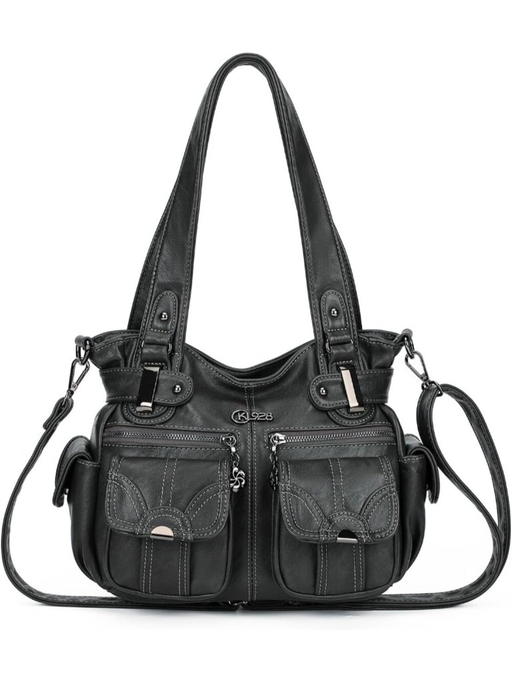 Women's 01 Grey PU Leather Multi-Pocket Hobo Tote Handbag Shoulder Bag